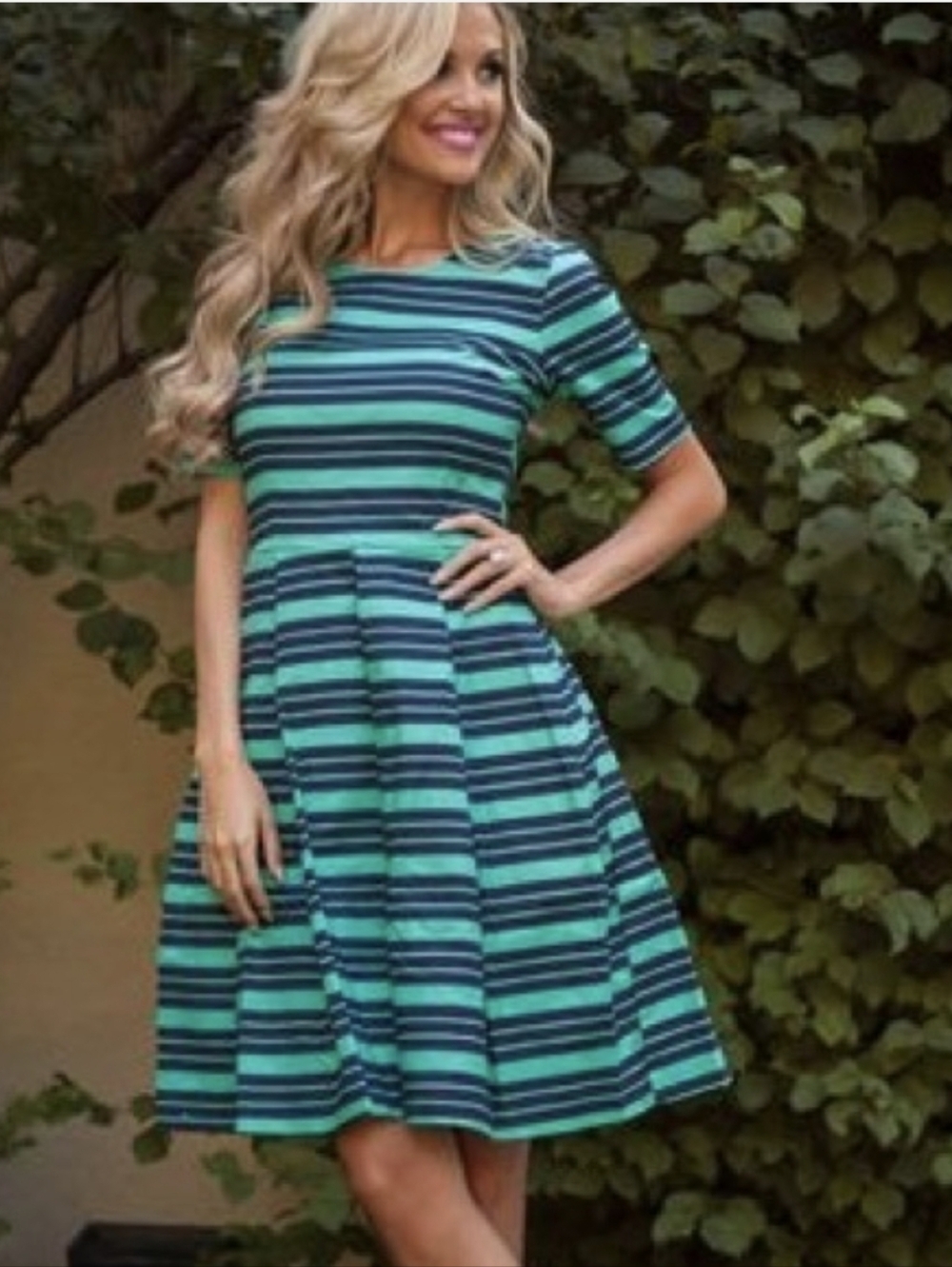 DownEast Teal and Navy Striped 3/4 Sleeve Midi Dress Womens Size S